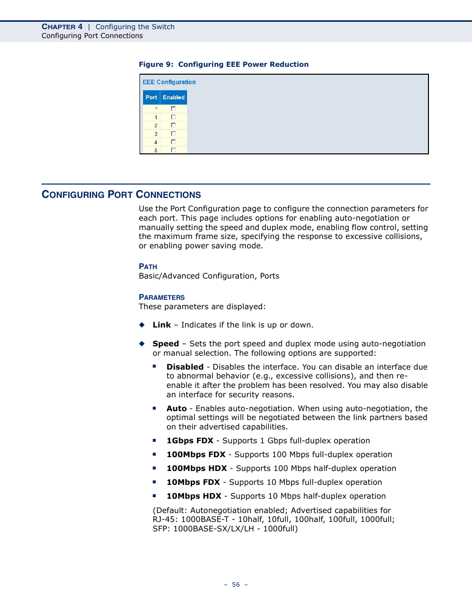 Configuring port connections, Figure 9: configuring eee power reduction | LevelOne GSW-4876 User Manual | Page 56 / 314