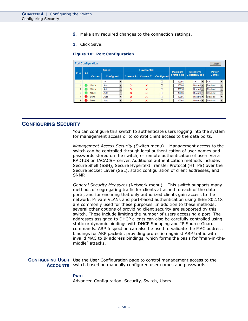 Configuring security, Configuring user accounts, Figure 10: port configuration | LevelOne GSW-4876 User Manual | Page 58 / 314
