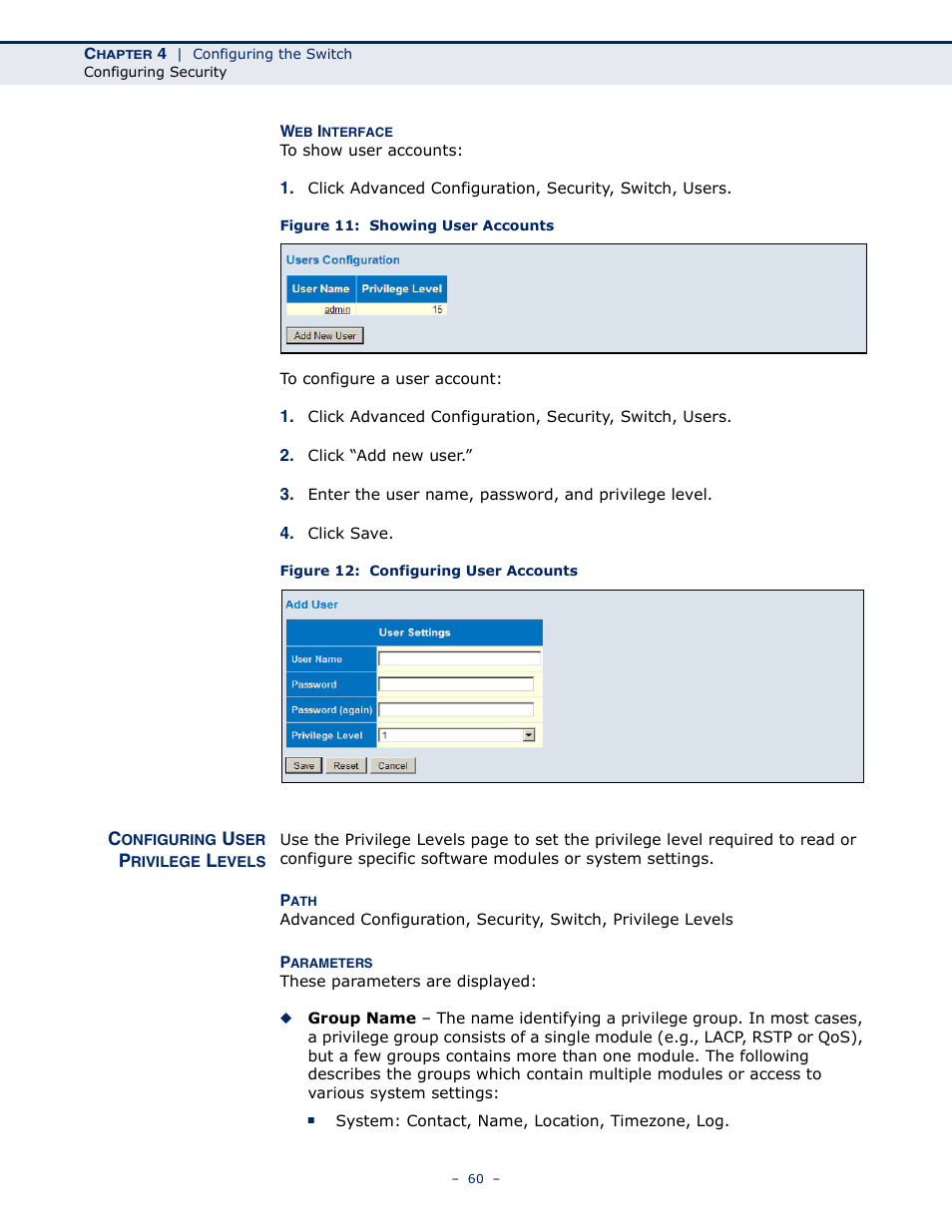 Configuring user privilege levels, Figure 11: showing user accounts, Figure 12: configuring user accounts | LevelOne GSW-4876 User Manual | Page 60 / 314