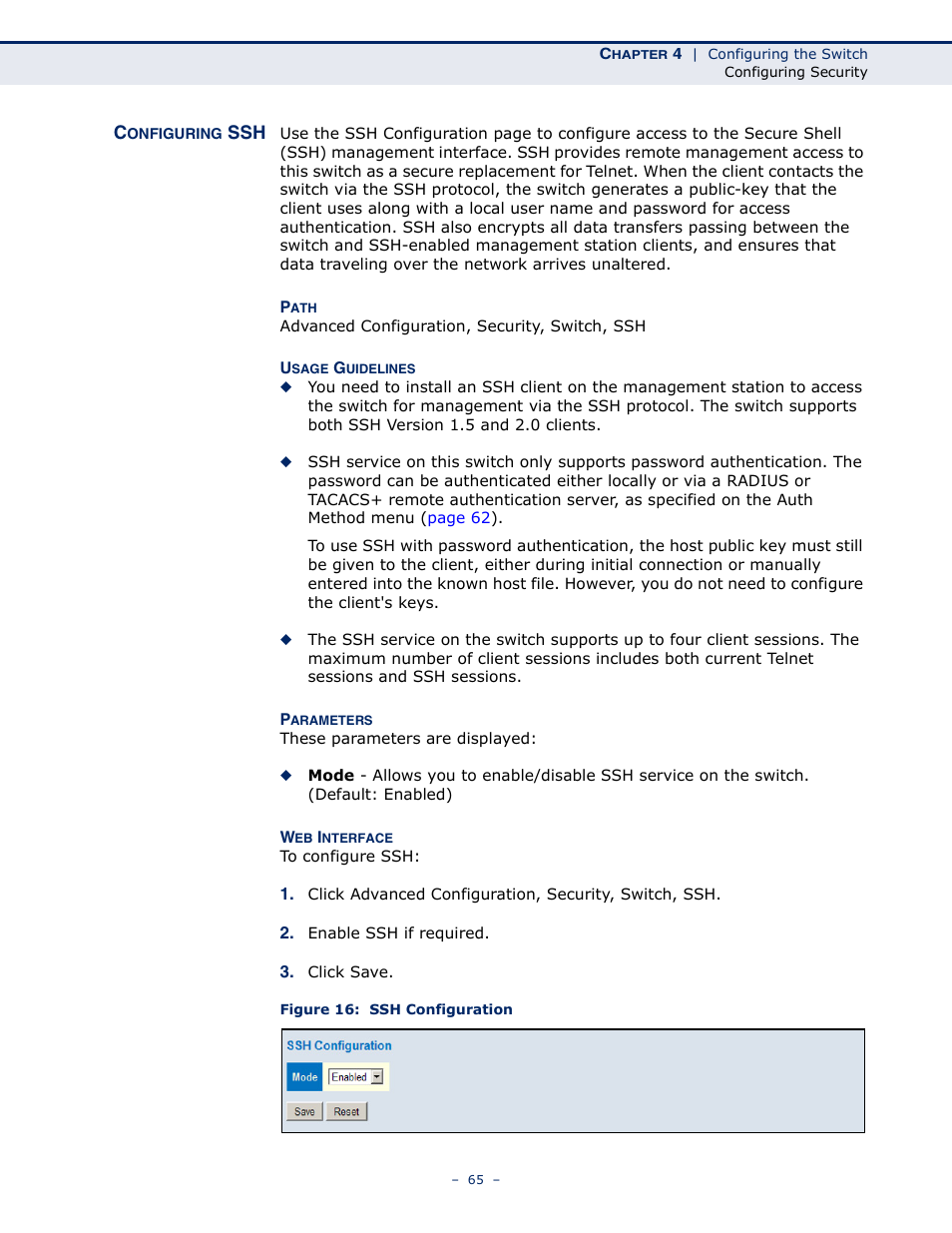 Configuring ssh, Figure 16: ssh configuration | LevelOne GSW-4876 User Manual | Page 65 / 314