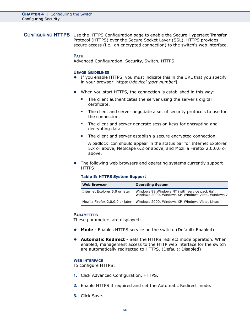 Configuring https, Table 5: https system support | LevelOne GSW-4876 User Manual | Page 66 / 314