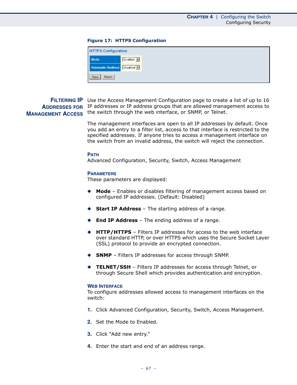 Filtering ip addresses for management access, Figure 17: https configuration | LevelOne GSW-4876 User Manual | Page 67 / 314
