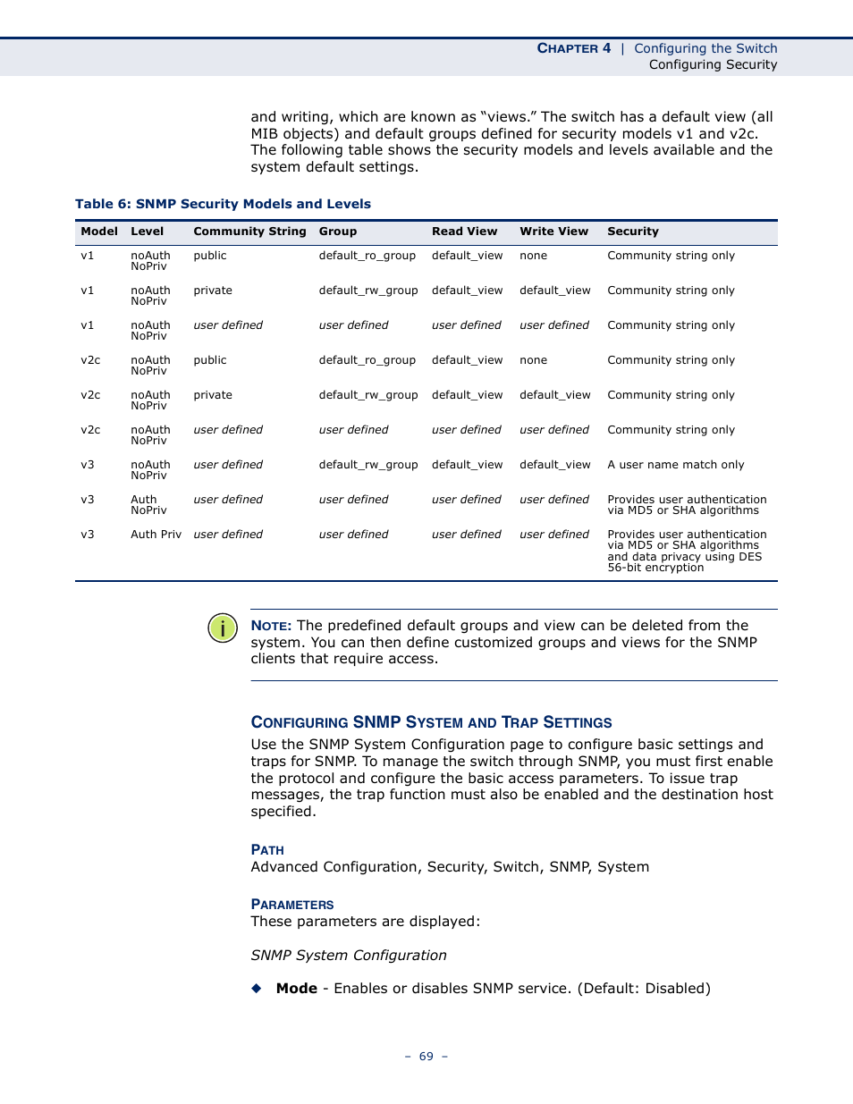 Configuring snmp system and trap settings, Table 6: snmp security models and levels, Snmp s | LevelOne GSW-4876 User Manual | Page 69 / 314