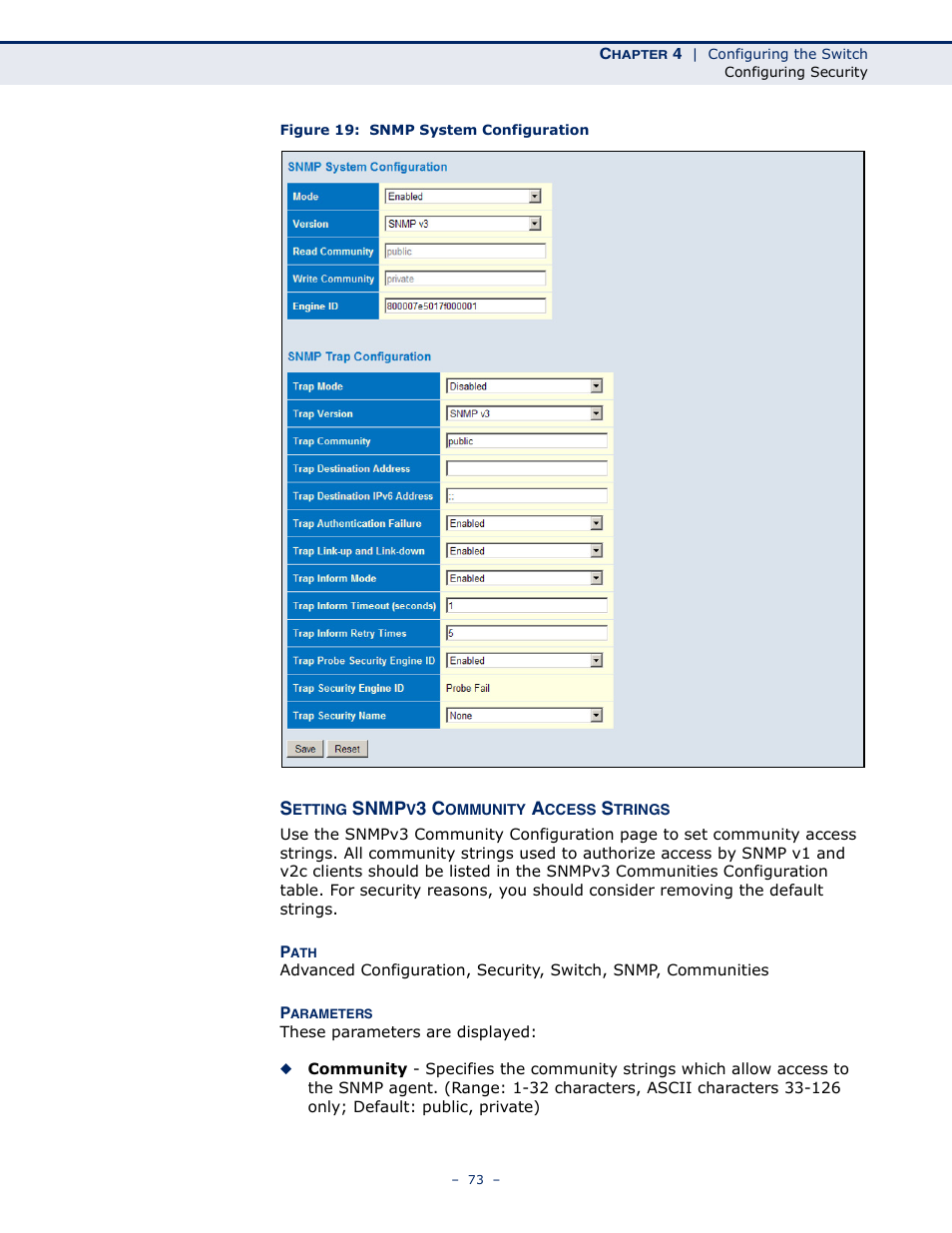 Setting snmpv3 community access strings, Figure 19: snmp system configuration | LevelOne GSW-4876 User Manual | Page 73 / 314