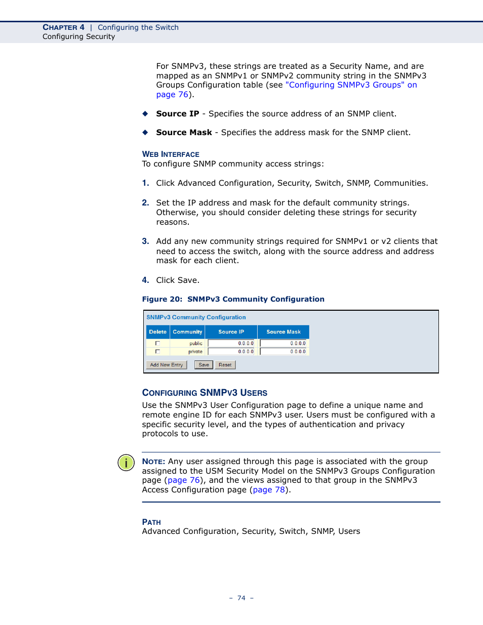 Configuring snmpv3 users, Figure 20: snmpv3 community configuration | LevelOne GSW-4876 User Manual | Page 74 / 314