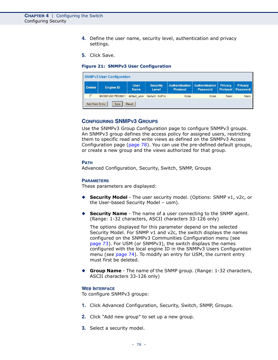 Configuring snmpv3 groups, Figure 21: snmpv3 user configuration, Configuring snmpv3 groups" on | LevelOne GSW-4876 User Manual | Page 76 / 314