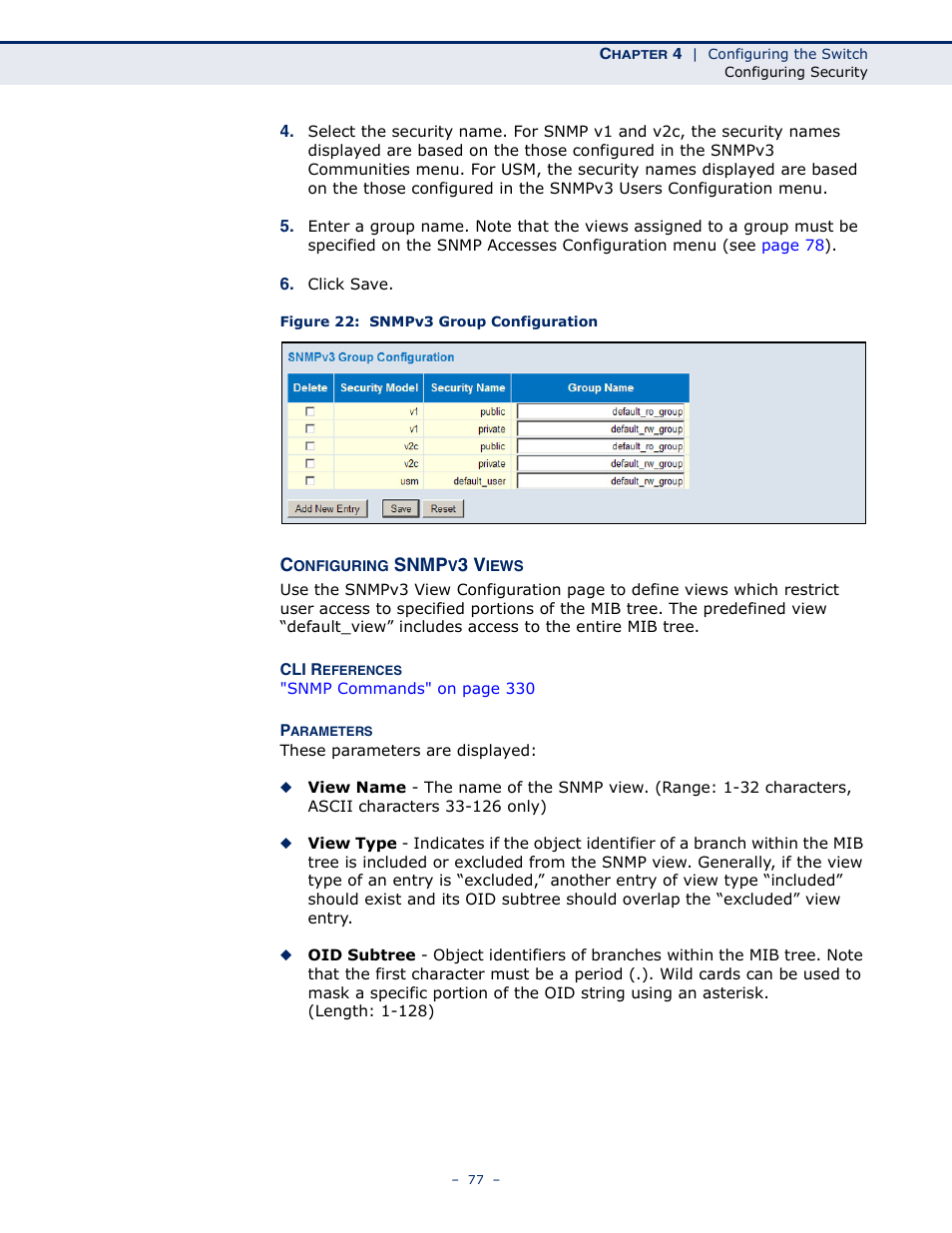 Configuring snmpv3 views, Figure 22: snmpv3 group configuration | LevelOne GSW-4876 User Manual | Page 77 / 314