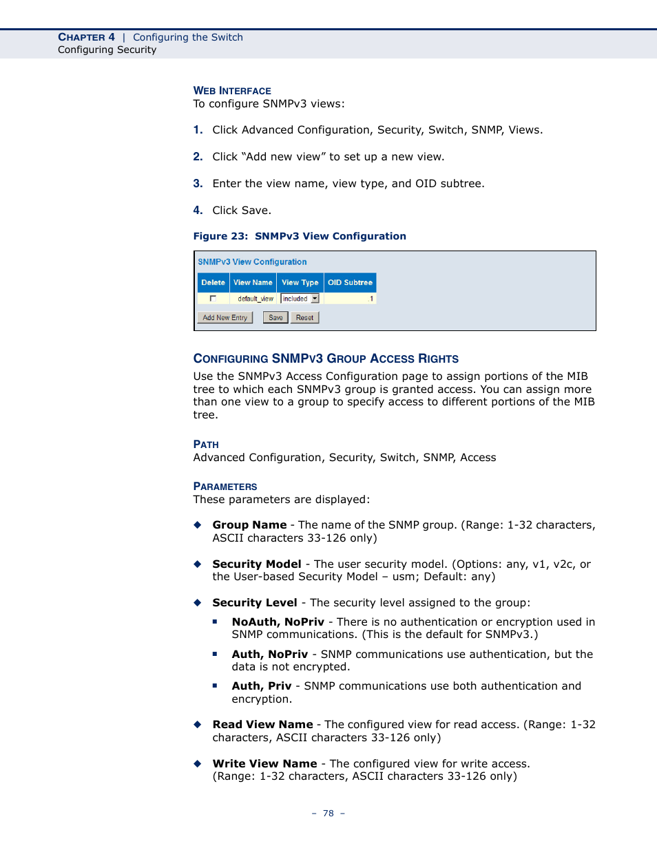 Configuring snmpv3 group access rights, Figure 23: snmpv3 view configuration | LevelOne GSW-4876 User Manual | Page 78 / 314