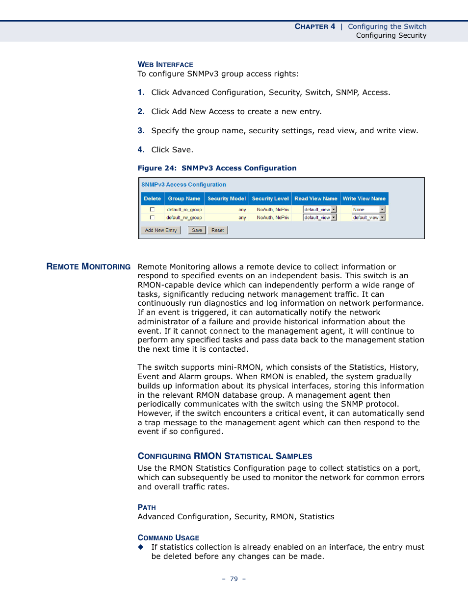 Remote monitoring, Configuring rmon statistical samples, Figure 24: snmpv3 access configuration | LevelOne GSW-4876 User Manual | Page 79 / 314