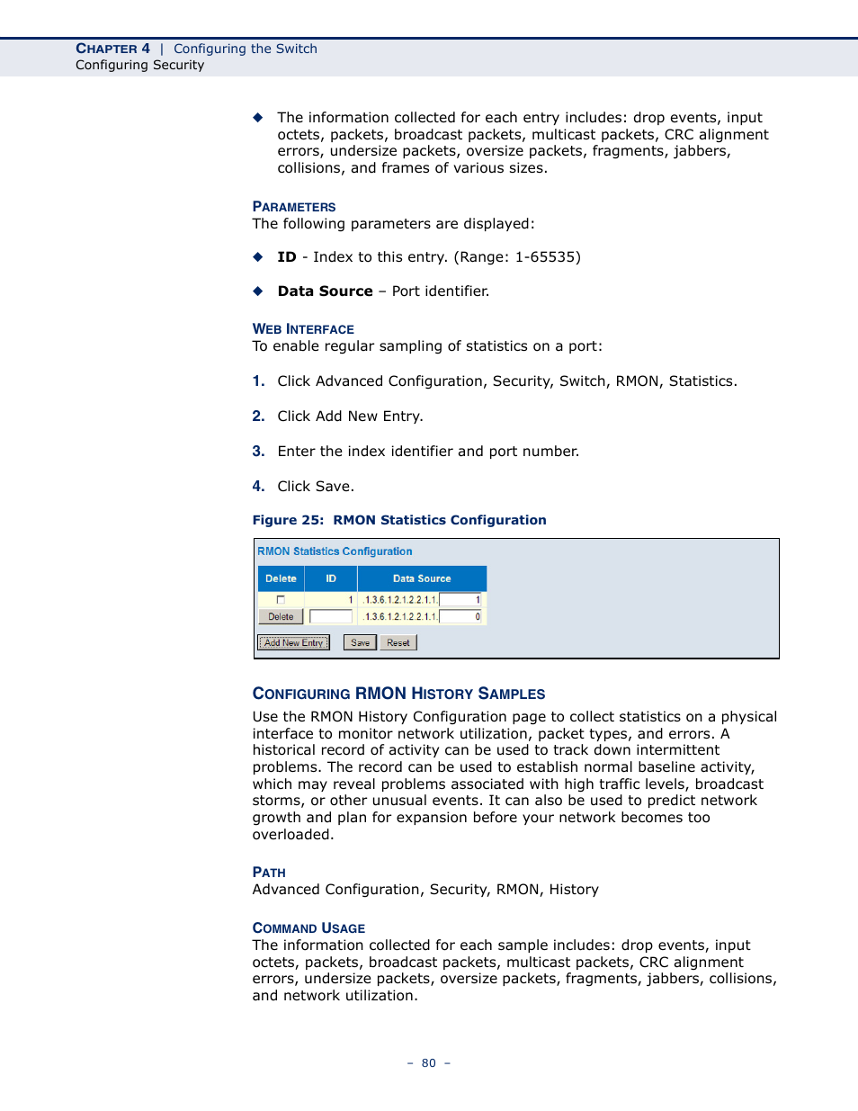 Configuring rmon history samples, Figure 25: rmon statistics configuration | LevelOne GSW-4876 User Manual | Page 80 / 314