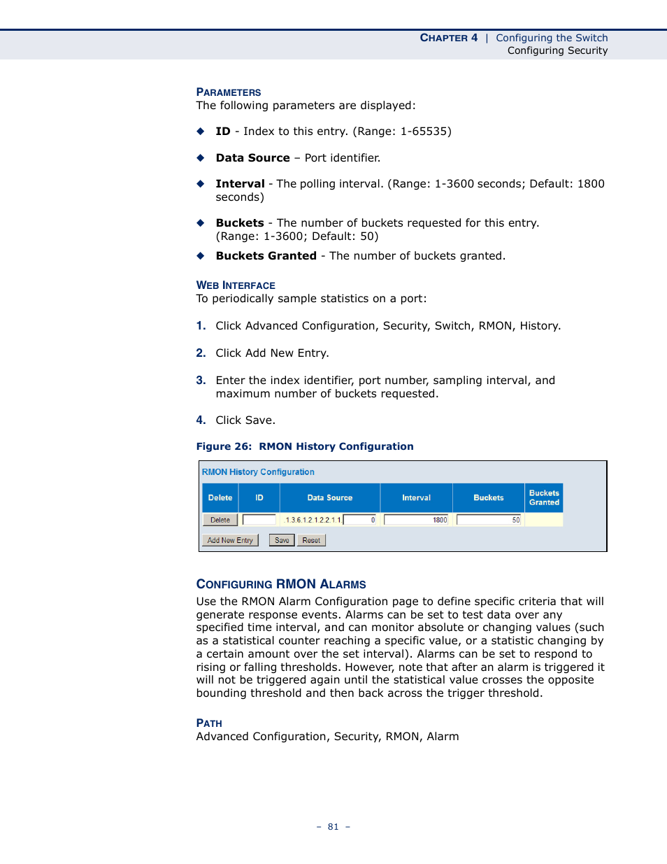 Configuring rmon alarms, Figure 26: rmon history configuration | LevelOne GSW-4876 User Manual | Page 81 / 314