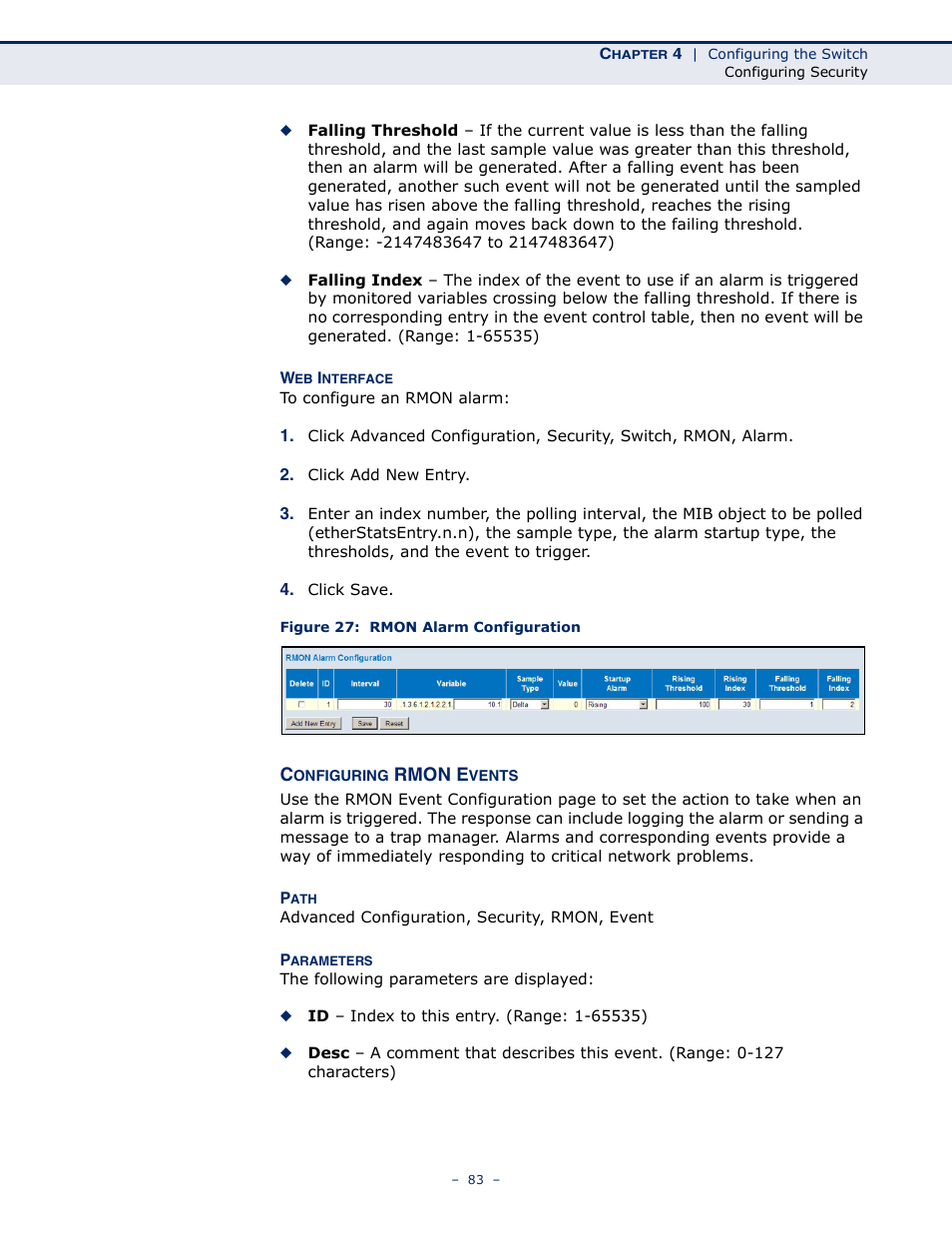 Configuring rmon events, Figure 27: rmon alarm configuration | LevelOne GSW-4876 User Manual | Page 83 / 314