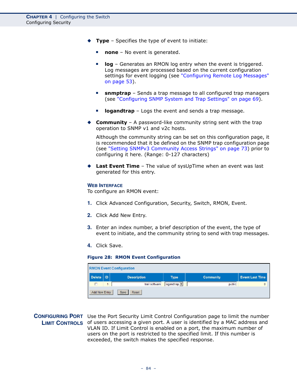 Configuring port limit controls, Figure 28: rmon event configuration | LevelOne GSW-4876 User Manual | Page 84 / 314