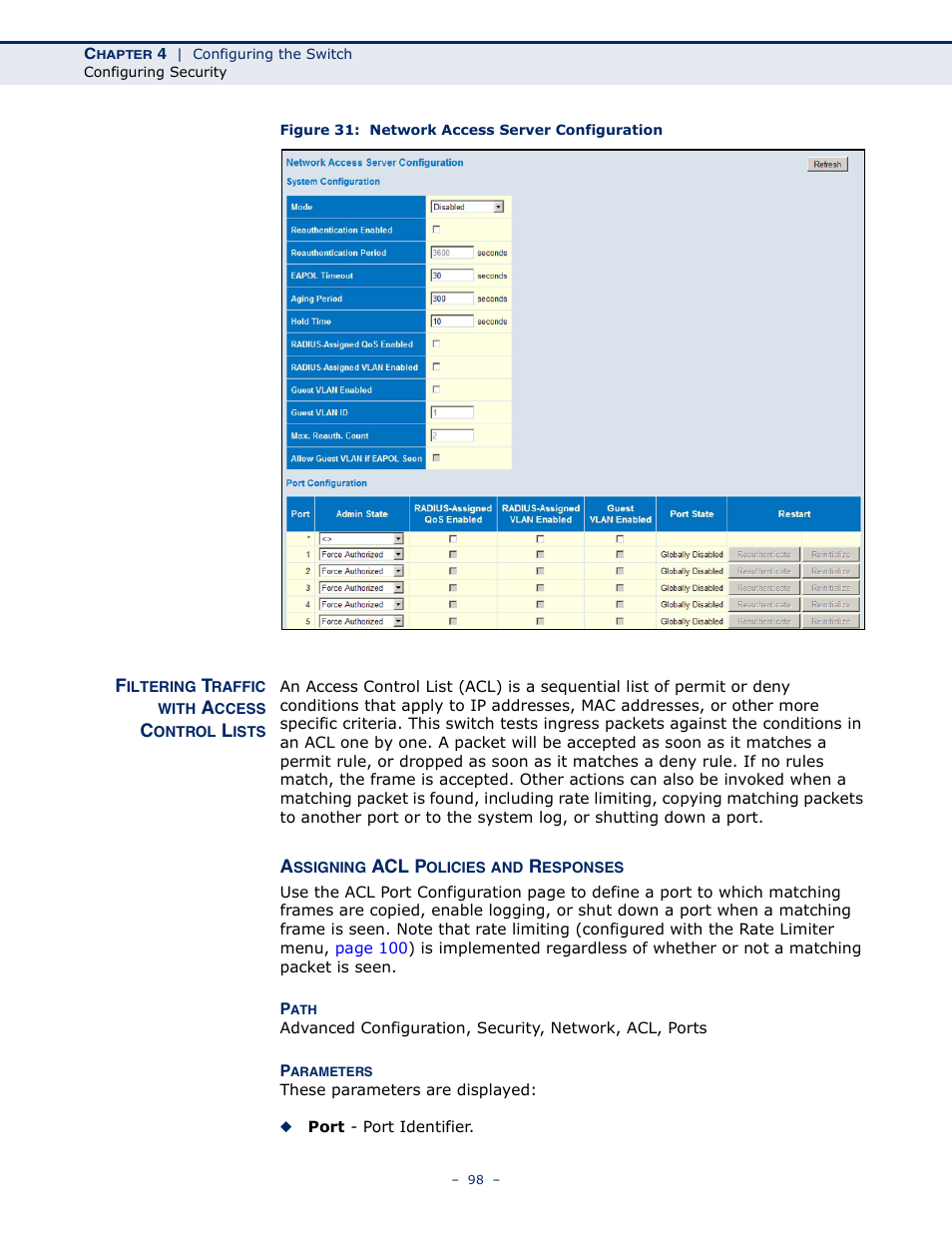 Filtering traffic with access control lists, Assigning acl policies and responses, Figure 31: network access server configuration | LevelOne GSW-4876 User Manual | Page 98 / 314