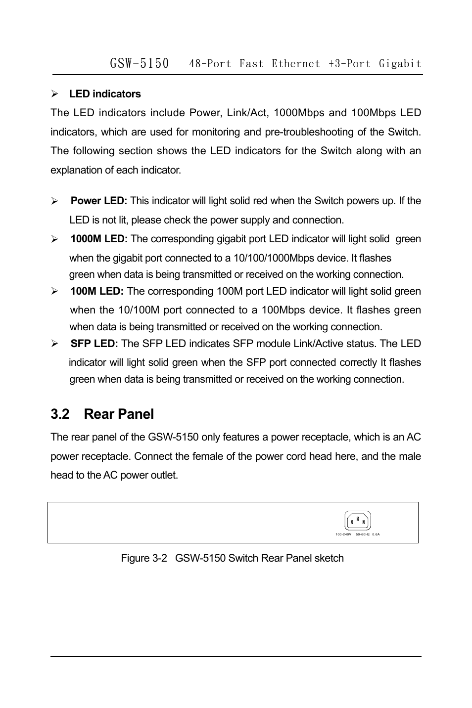 2 rear panel, Gsw-5150 | LevelOne GSW-5150 User Manual | Page 10 / 12