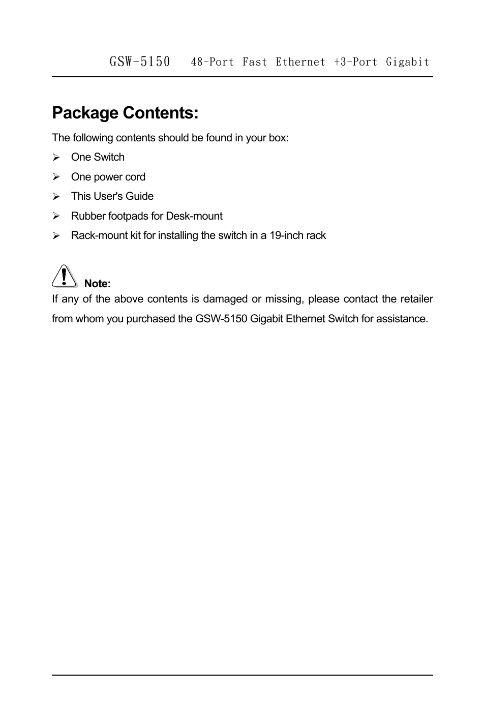 Package contents, Gsw-5150 | LevelOne GSW-5150 User Manual | Page 5 / 12