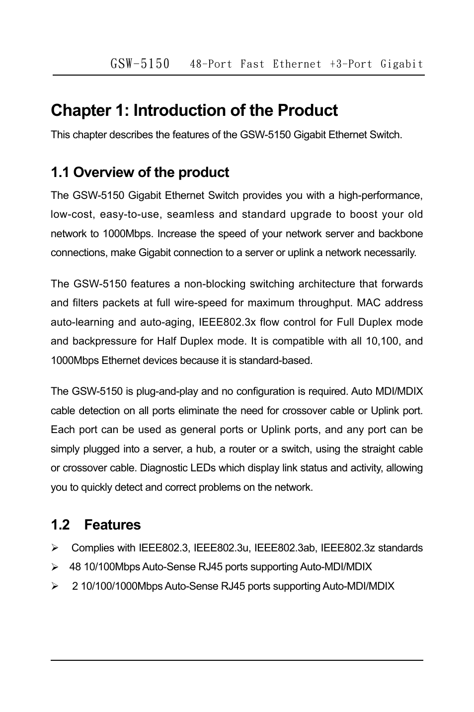 Chapter 1: introduction of the product, 1 overview of the product, 2 features | LevelOne GSW-5150 User Manual | Page 6 / 12