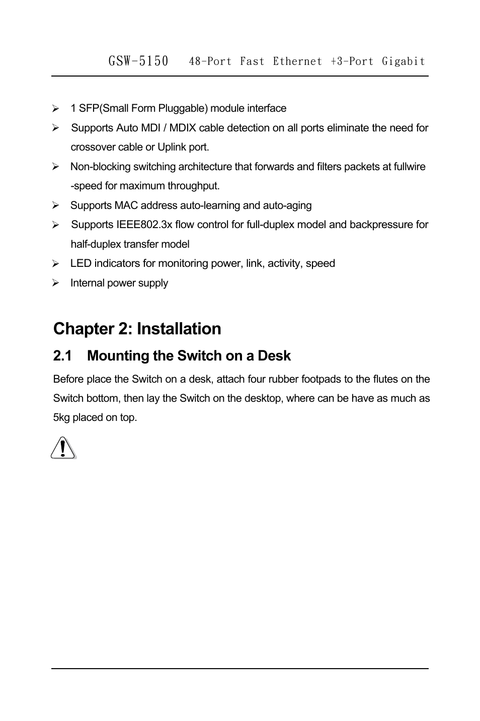 Chapter 2: installation, 1 mounting the switch on a desk, Gsw-5150 | LevelOne GSW-5150 User Manual | Page 7 / 12
