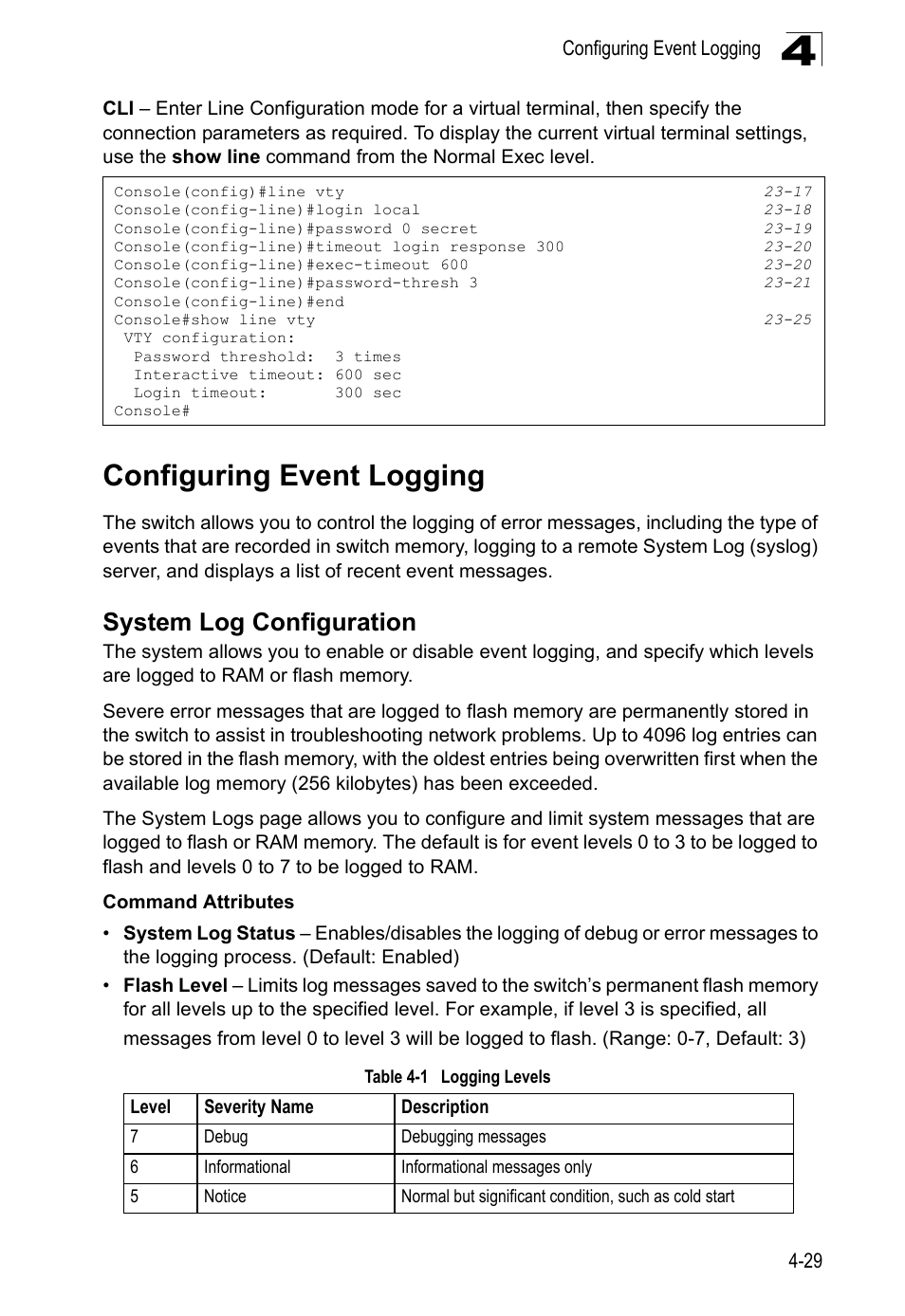 Configuring event logging, System log configuration, Table 4-1 logging | Levels | LevelOne GTL-2690 User Manual | Page 105 / 789