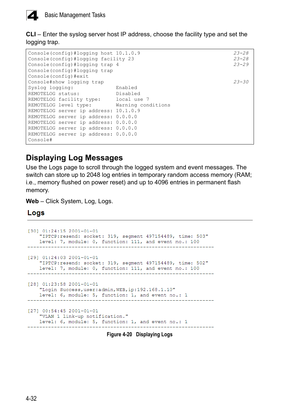 Displaying log messages, Figure 4-20, Displaying logs | LevelOne GTL-2690 User Manual | Page 108 / 789