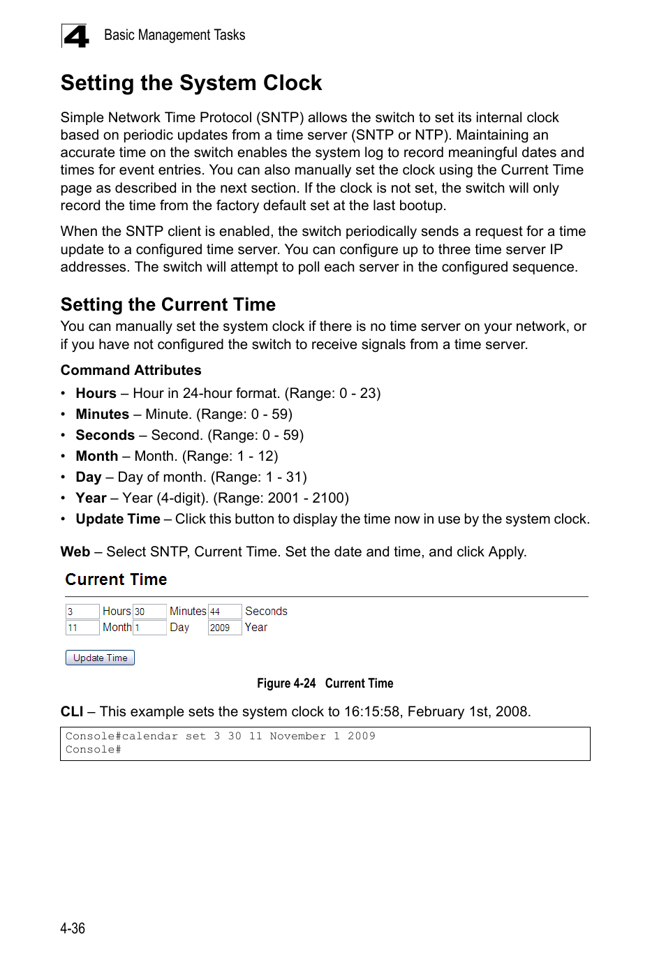 Setting the system clock, Setting the current time, Figure 4-24 | Current time | LevelOne GTL-2690 User Manual | Page 112 / 789
