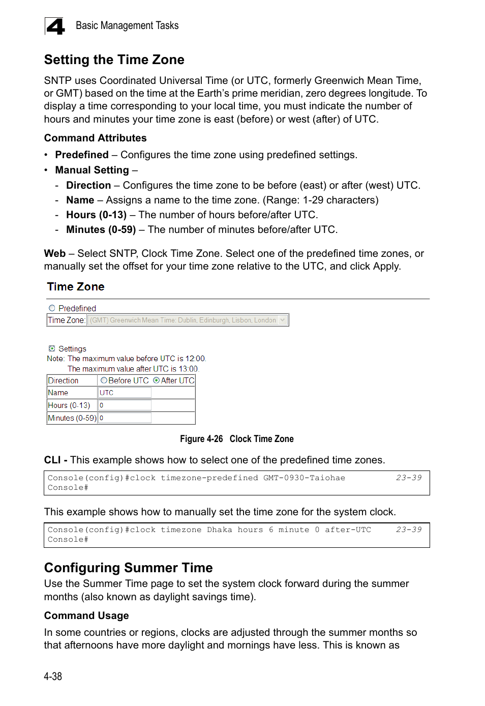 Setting the time zone, Configuring summer time, Figure 4-26 | Clock time zone | LevelOne GTL-2690 User Manual | Page 114 / 789