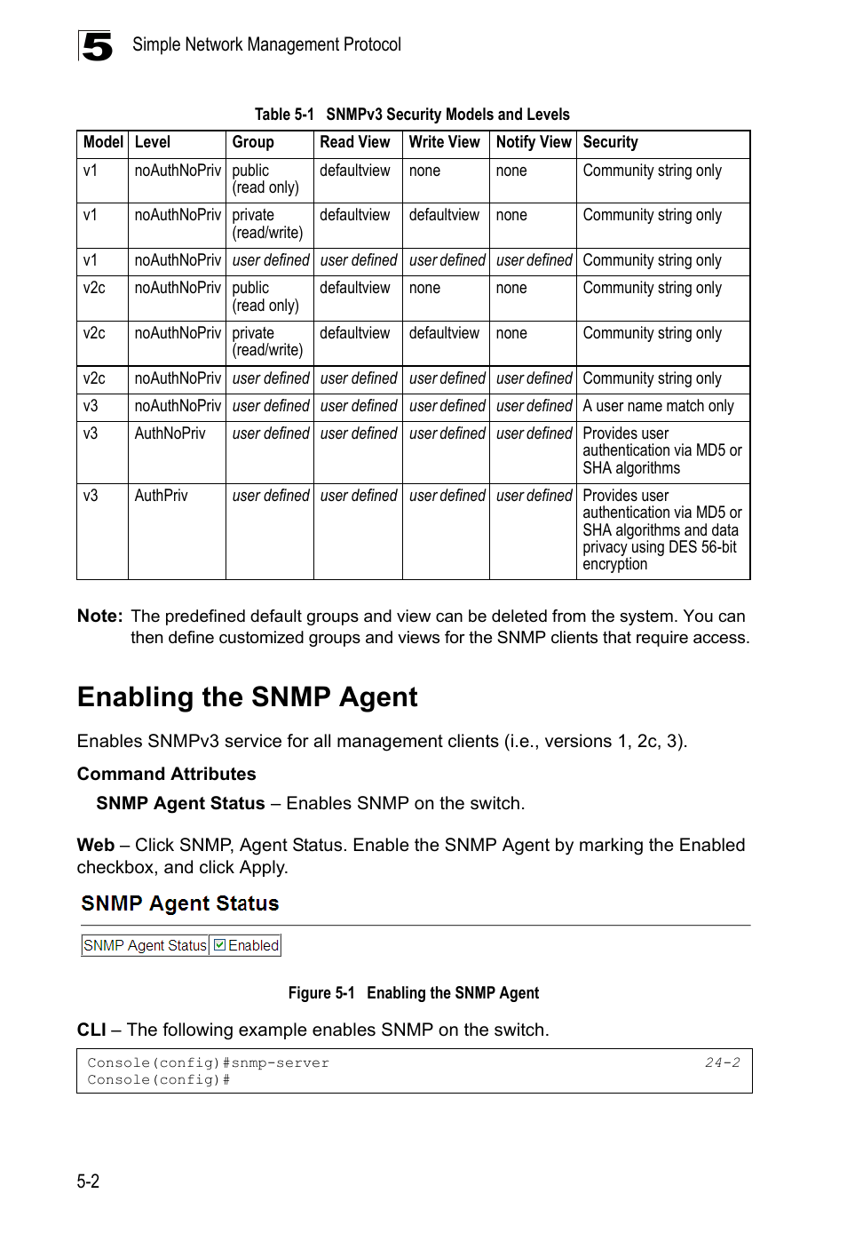 Enabling the snmp agent, Table 5-1, Snmpv3 security models and levels | Figure 5-1 | LevelOne GTL-2690 User Manual | Page 118 / 789