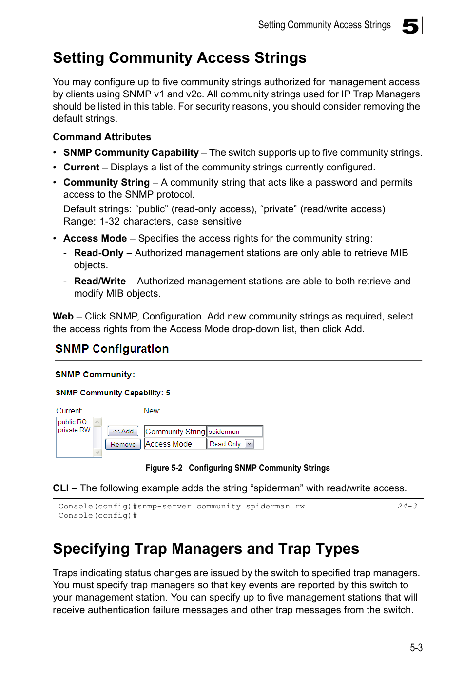 Setting community access strings, Specifying trap managers and trap types, Figure 5-2 | Configuring snmp community strings | LevelOne GTL-2690 User Manual | Page 119 / 789