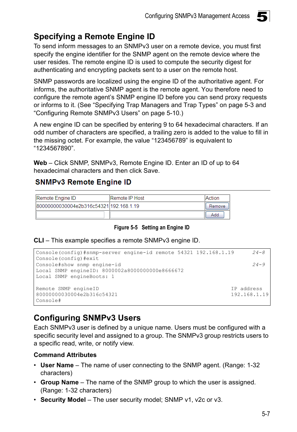 Specifying a remote engine id, Configuring snmpv3 users, Figure 5-5 | Setting an engine id | LevelOne GTL-2690 User Manual | Page 123 / 789