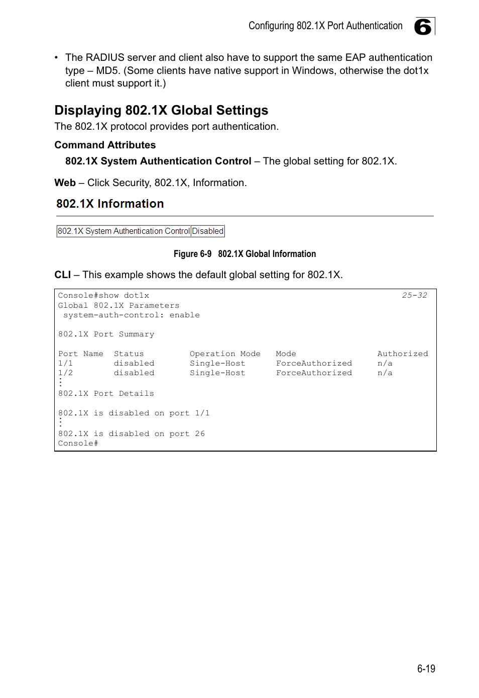 Displaying 802.1x global settings, Figure 6-9, 1x global information | LevelOne GTL-2690 User Manual | Page 154 / 789