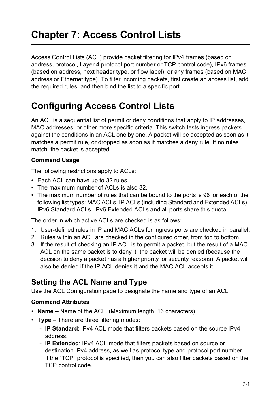 Chapter 7: access control lists, Configuring access control lists, Setting the acl name and type | Access control lists | LevelOne GTL-2690 User Manual | Page 162 / 789