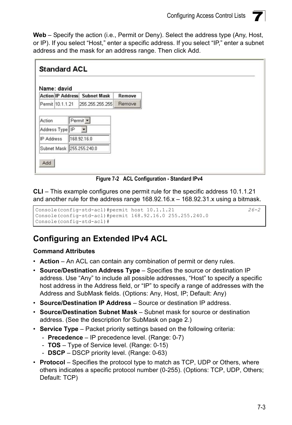 Configuring an extended ipv4 acl, Figure 7-2, Acl configuration - standard ipv4 | LevelOne GTL-2690 User Manual | Page 164 / 789