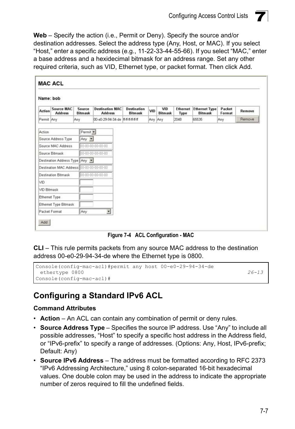 Configuring a standard ipv6 acl, Figure 7-4, Acl configuration - mac | LevelOne GTL-2690 User Manual | Page 168 / 789