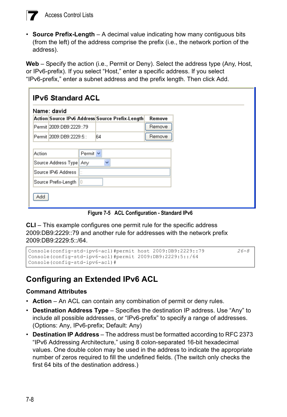 Configuring an extended ipv6 acl, Figure 7-5, Acl configuration - standard ipv6 | LevelOne GTL-2690 User Manual | Page 169 / 789