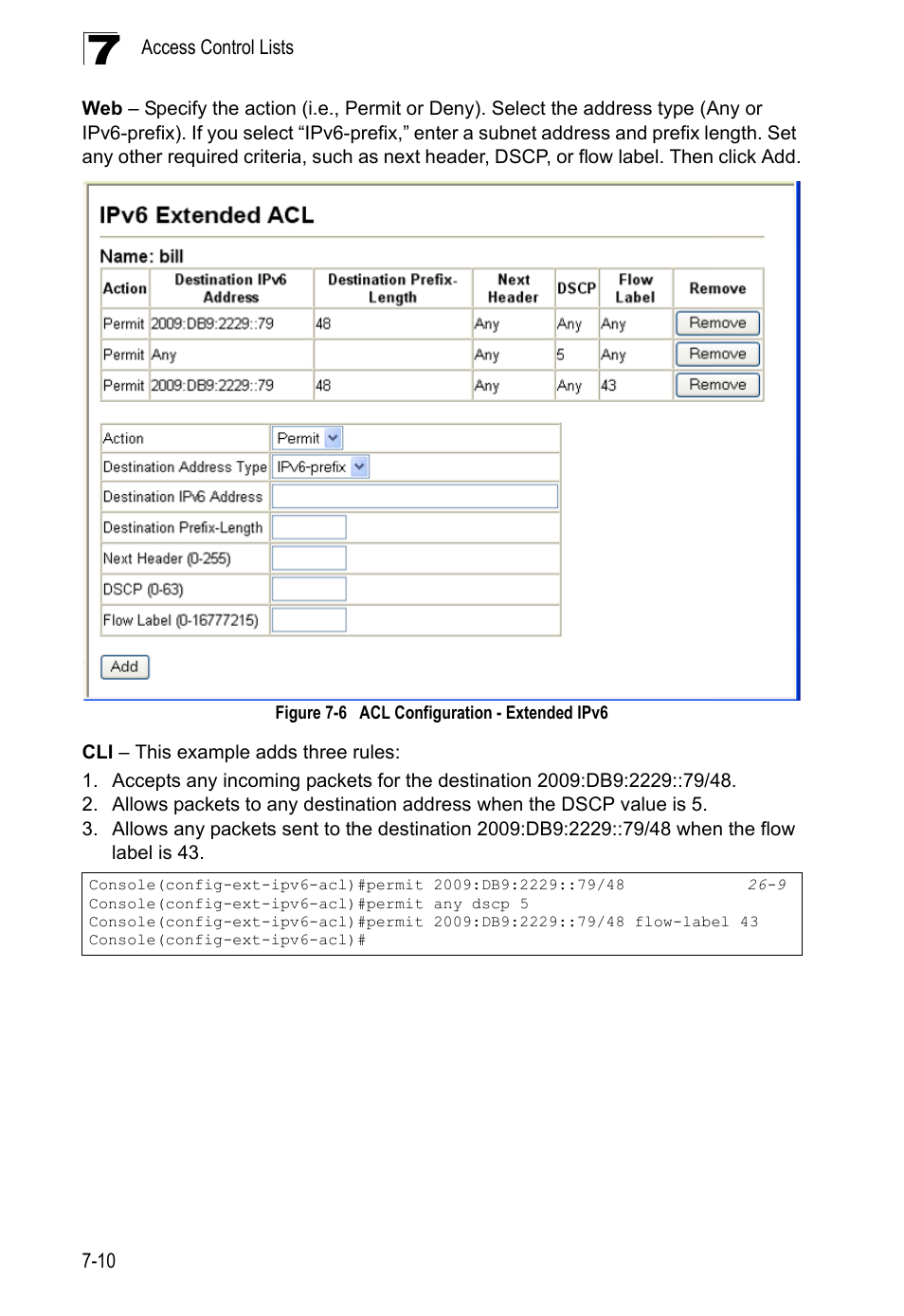 Figure 7-6, Acl configuration - extended ipv6 | LevelOne GTL-2690 User Manual | Page 171 / 789
