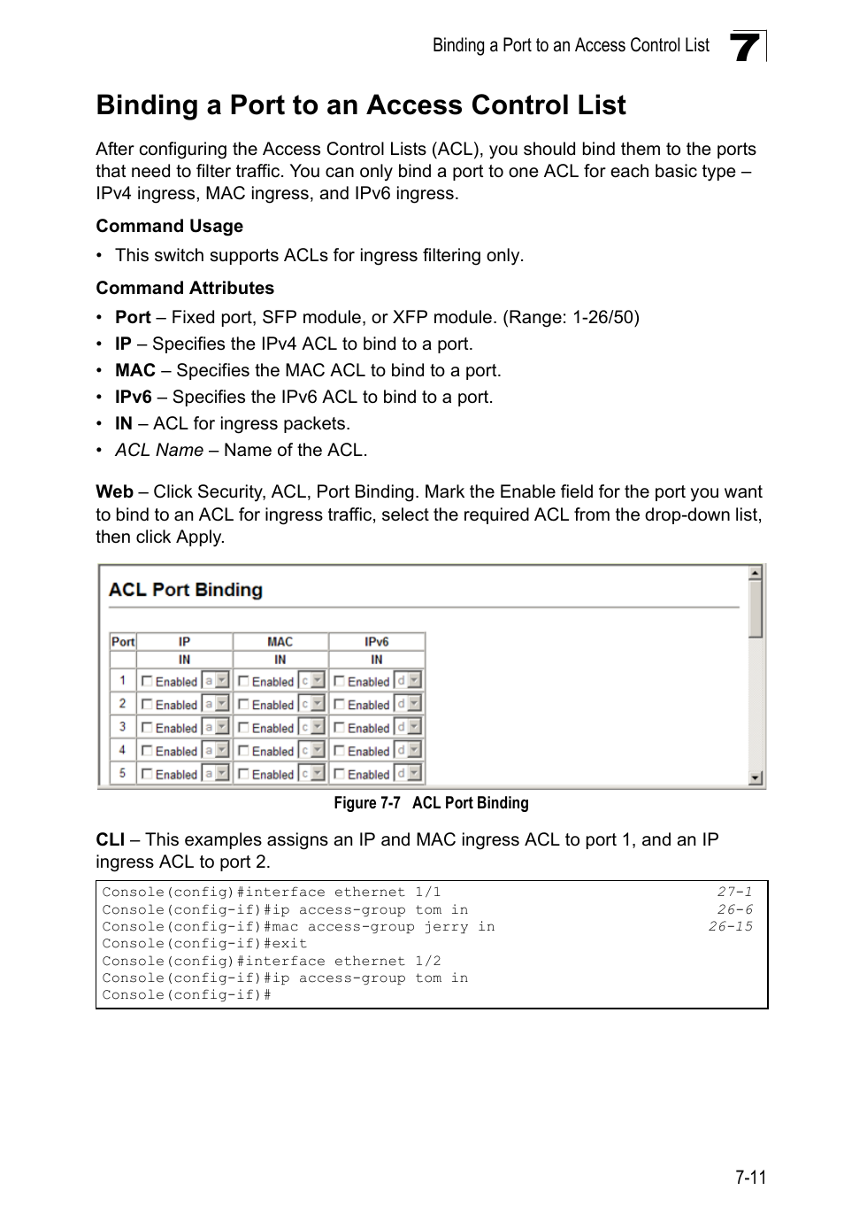 Binding a port to an access control list, Figure 7-7, Acl port binding | LevelOne GTL-2690 User Manual | Page 172 / 789