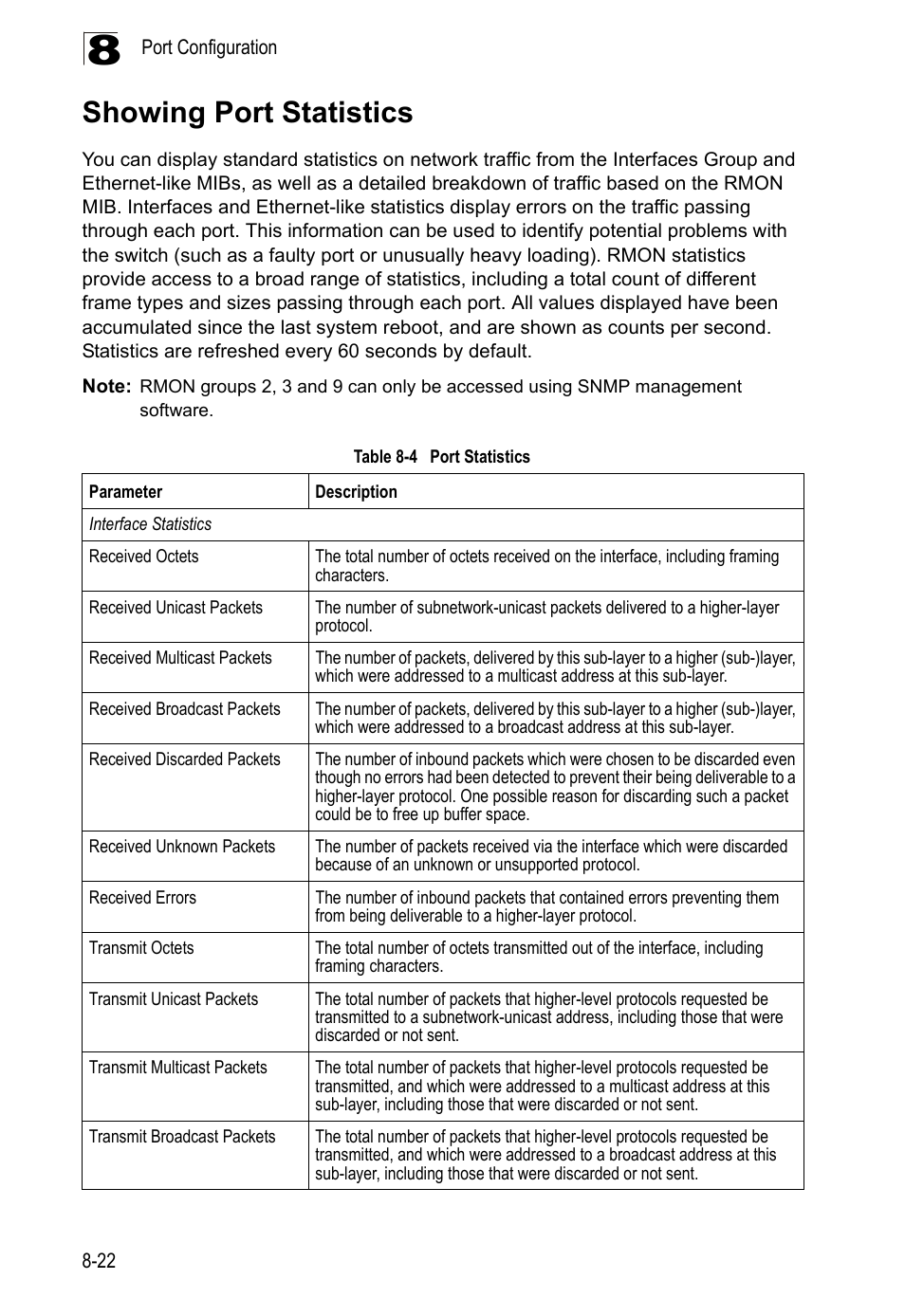 Showing port statistics, Showing port statistics 8-22, Table 8-4 port | Statistics | LevelOne GTL-2690 User Manual | Page 195 / 789