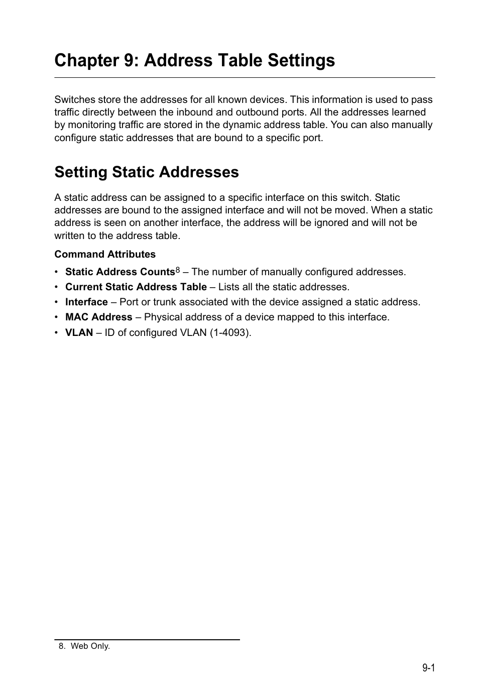 Chapter 9: address table settings, Setting static addresses, Address table settings | LevelOne GTL-2690 User Manual | Page 200 / 789