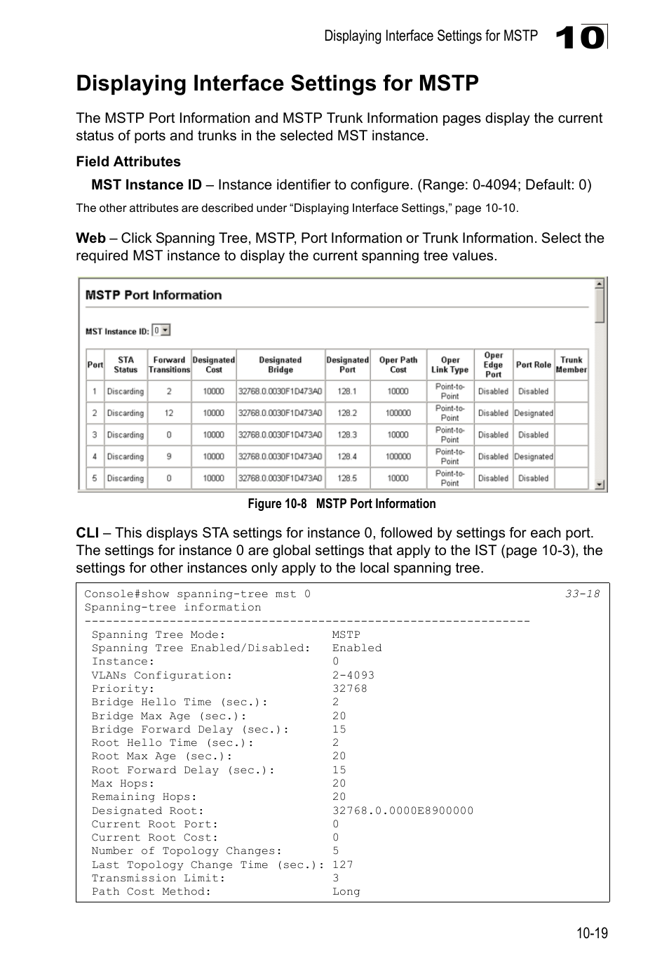 Displaying interface settings for mstp, Figure 10-8, Mstp port information | LevelOne GTL-2690 User Manual | Page 222 / 789