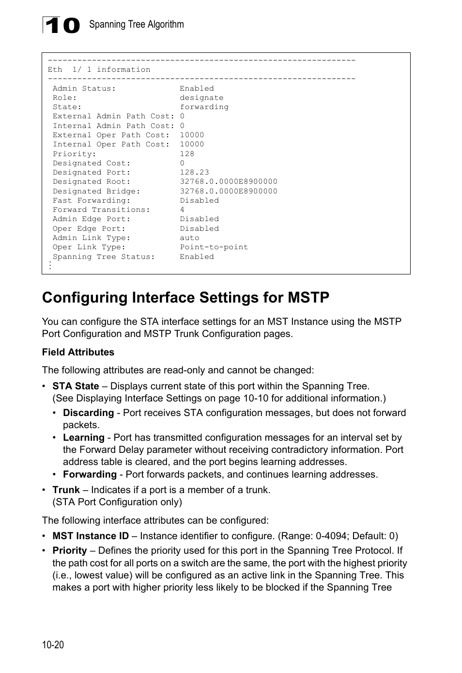 Configuring interface settings for mstp | LevelOne GTL-2690 User Manual | Page 223 / 789