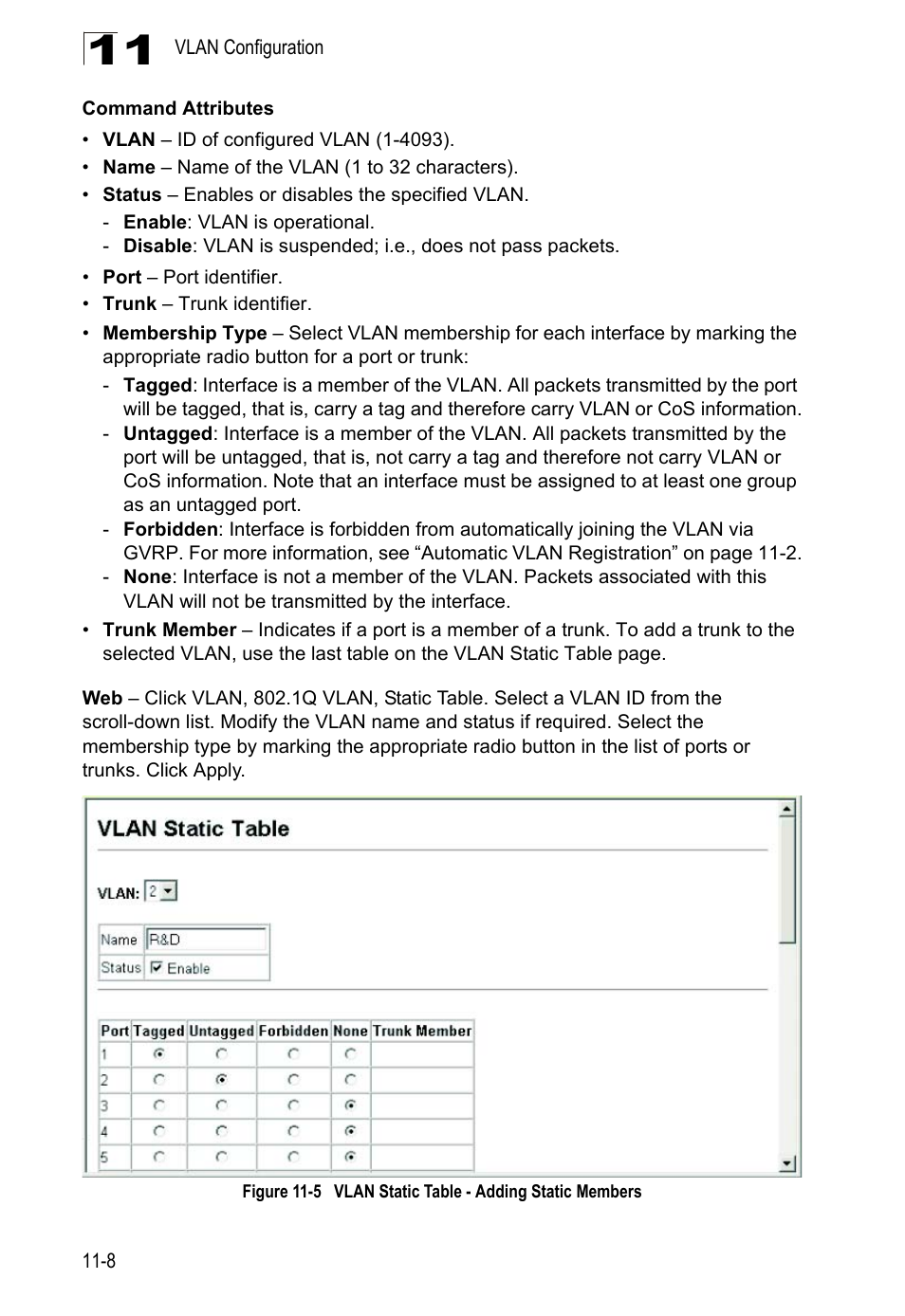 Figure 11-5, Vlan static table - adding static members | LevelOne GTL-2690 User Manual | Page 233 / 789