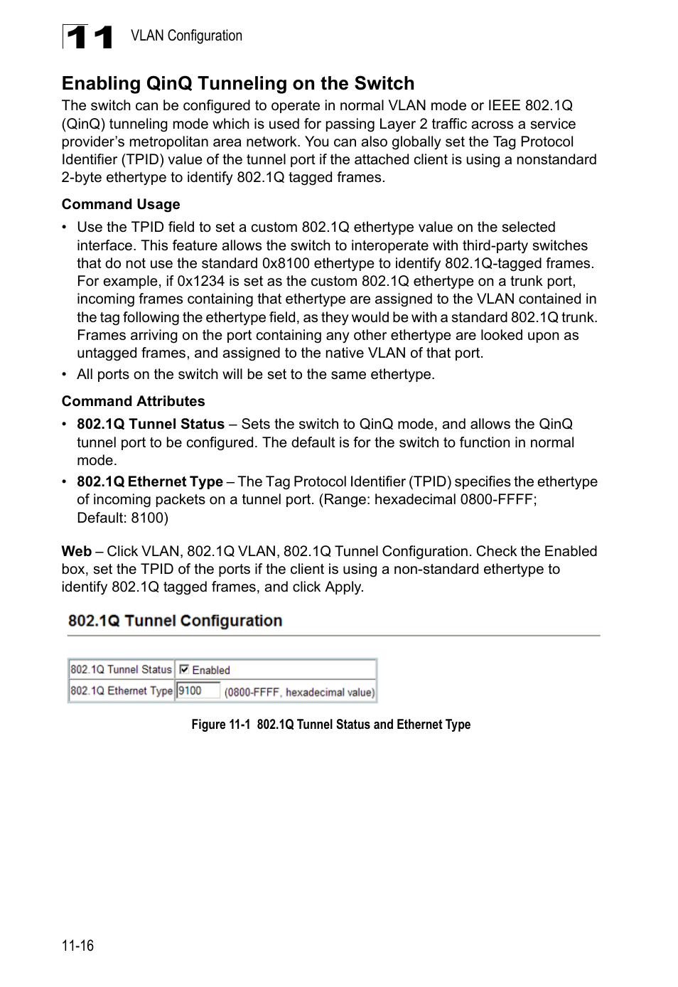 Enabling qinq tunneling on the switch, Figure 11-1, 1q tunnel status and ethernet type | Ee “enabling qinq tunneling on the | LevelOne GTL-2690 User Manual | Page 241 / 789