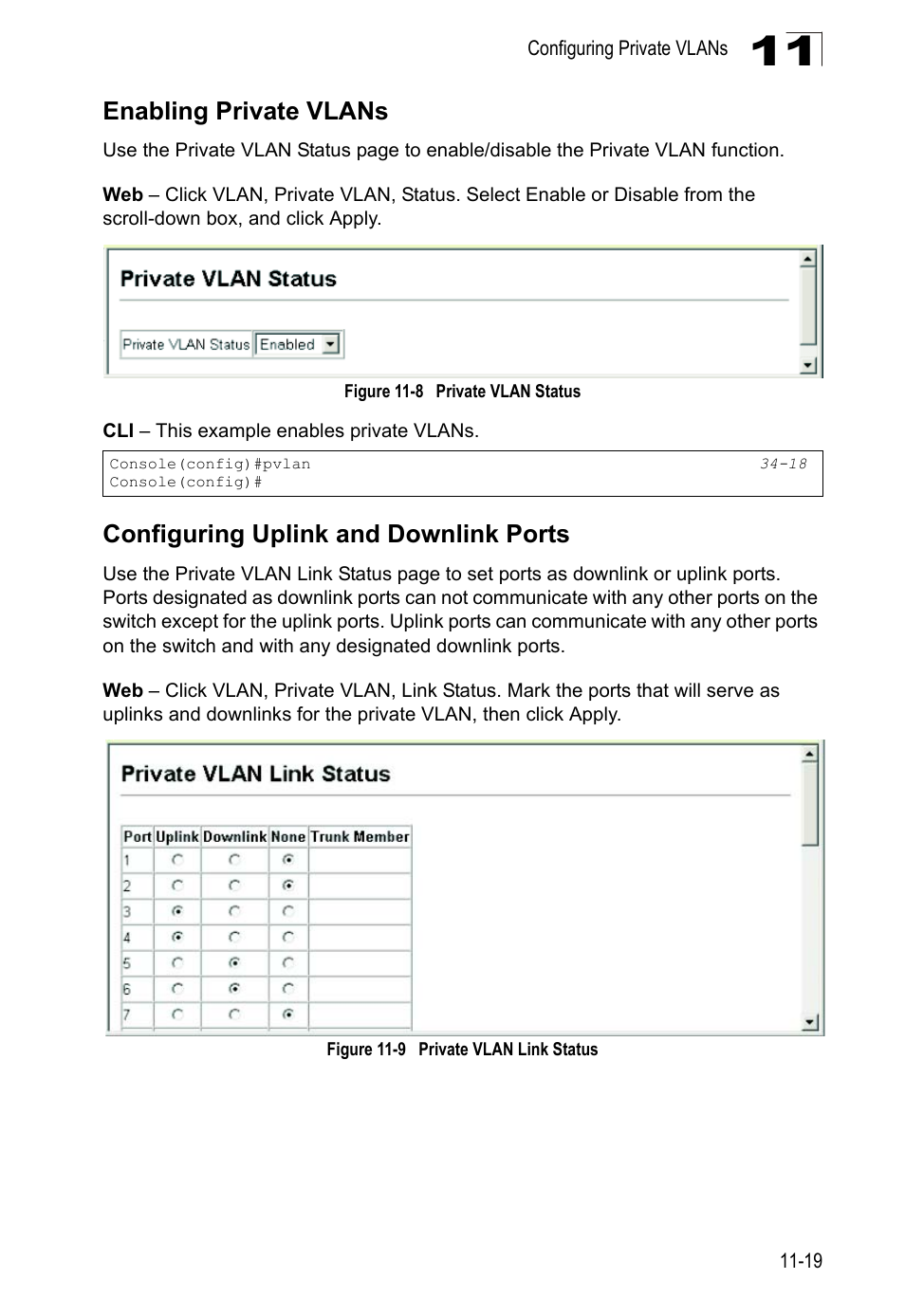 Enabling private vlans, Configuring uplink and downlink ports, Figure 11-8 | Private vlan status, Figure 11-9, Private vlan link status | LevelOne GTL-2690 User Manual | Page 244 / 789