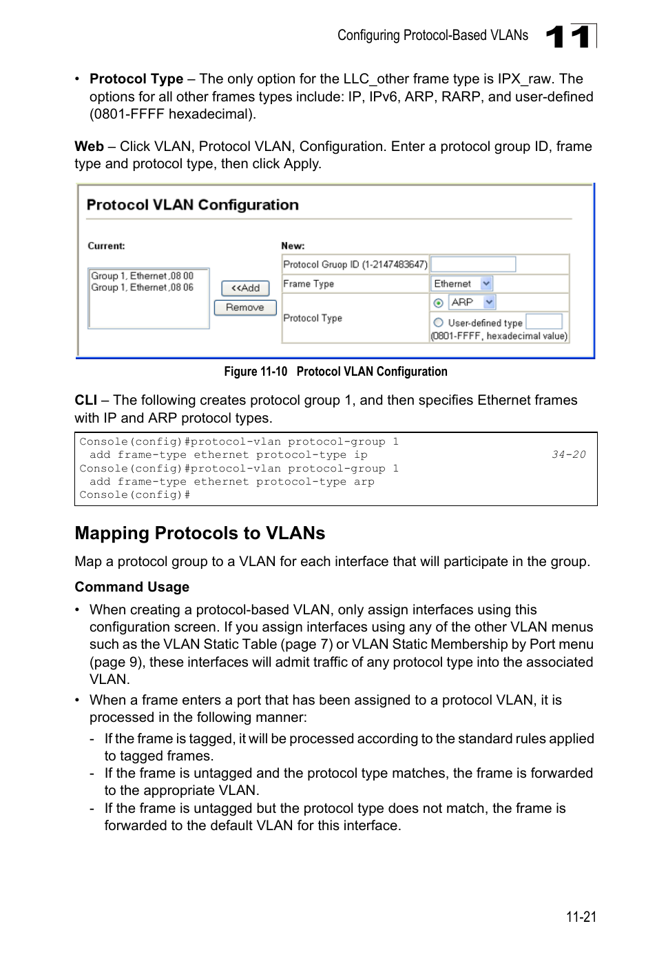 Mapping protocols to vlans, Figure 11-10 protocol vlan configuration | LevelOne GTL-2690 User Manual | Page 246 / 789