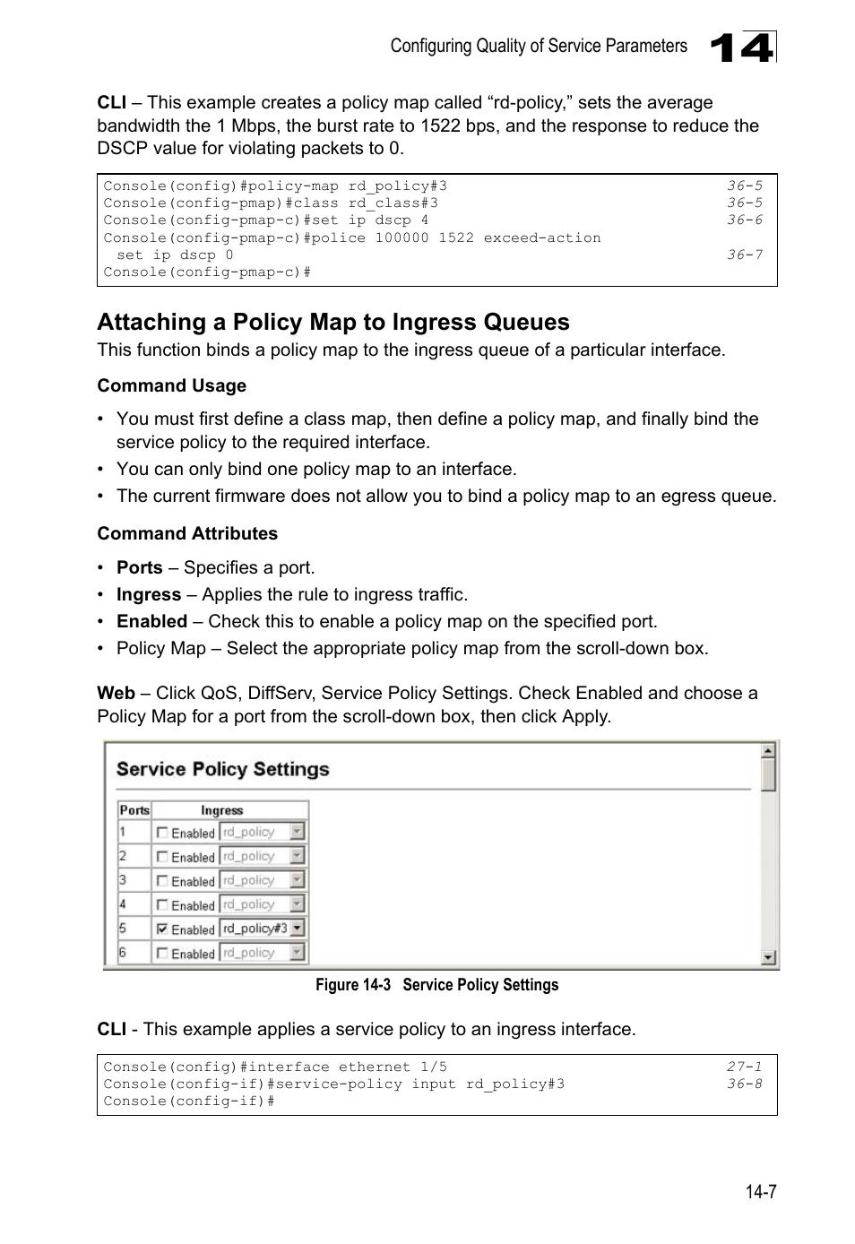 Attaching a policy map to ingress queues, Figure 14-3, Service policy settings | LevelOne GTL-2690 User Manual | Page 280 / 789