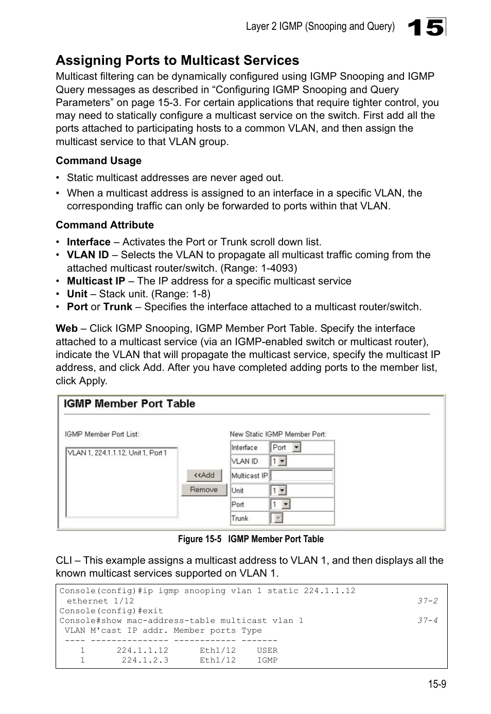 Assigning ports to multicast services, Figure 15-5, Igmp member port table | LevelOne GTL-2690 User Manual | Page 290 / 789