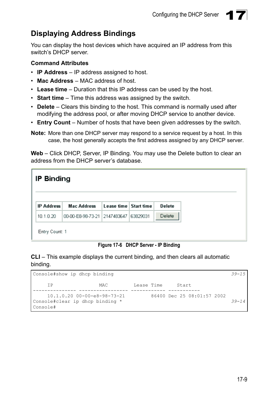 Displaying address bindings, Figure 17-6, Dhcp server - ip binding | LevelOne GTL-2690 User Manual | Page 306 / 789