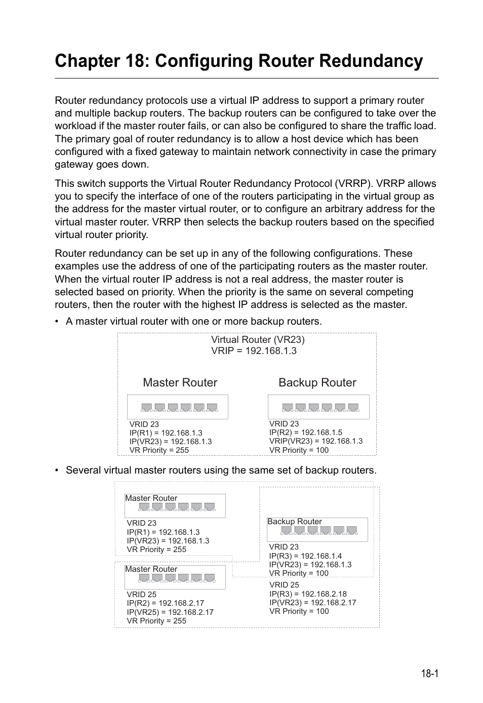 Chapter 18: configuring router redundancy, Configuring router redundancy, Master router backup router | LevelOne GTL-2690 User Manual | Page 308 / 789