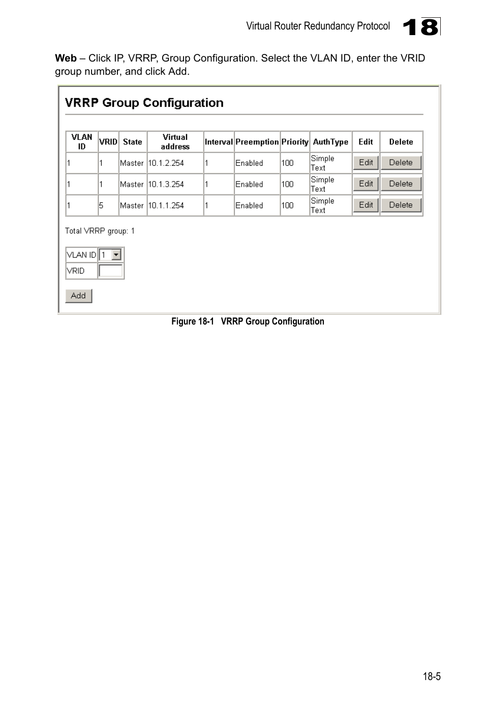 Figure 18-1, Vrrp group configuration | LevelOne GTL-2690 User Manual | Page 312 / 789