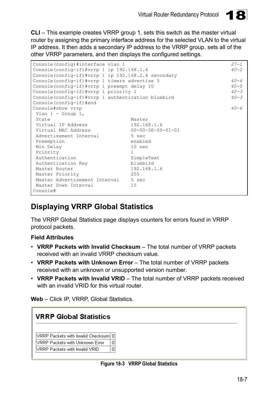 Displaying vrrp global statistics, Figure 18-3, Vrrp global statistics | LevelOne GTL-2690 User Manual | Page 314 / 789